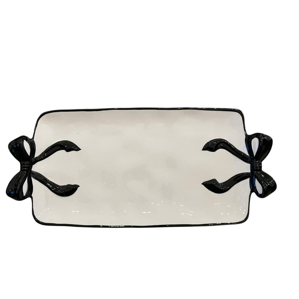 Hand Painted BLACK BOW Ceramic Serving Tray 12in Holiday Glam New